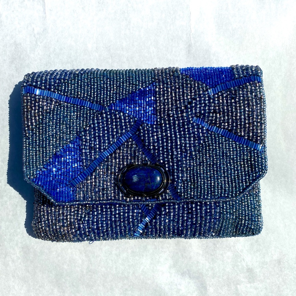 Mary Frances Clutch- Hand bag, Blue, Beaded